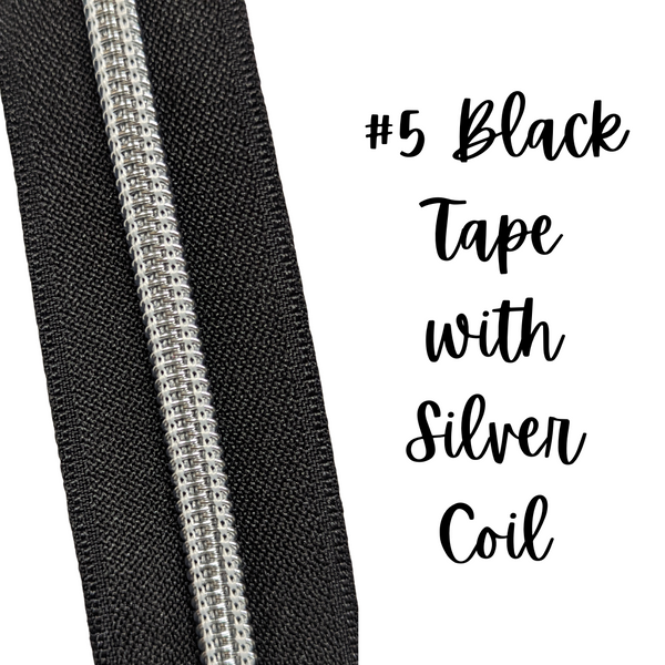Black Zipper Tape with Silver Coils