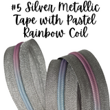 Silver Metallic Zipper Tape with Pastel Rainbow Coils - ONE  YARD CUTS
